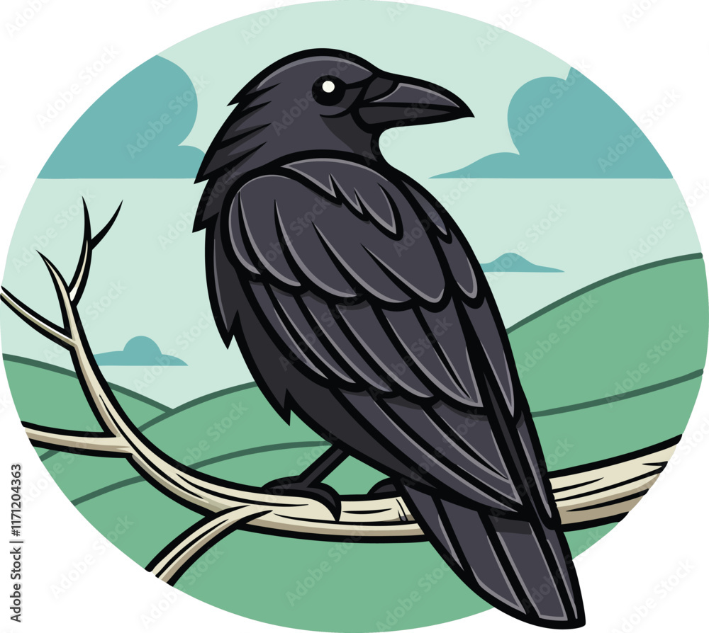 Obraz premium Majestic Raven Sitting on Invisible Tree Vector Illustration