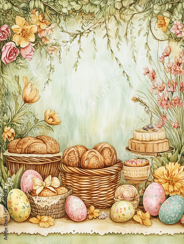 Easter-themed watercolor illustration with baked goods and eggs