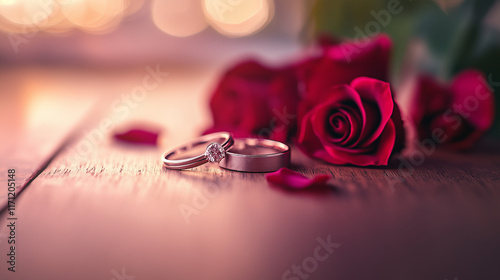 Bouquet of pink roses on red background with wedding rings