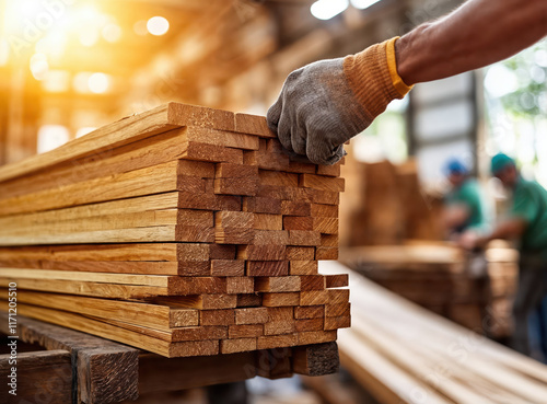 Carpenter wearing gloves arranging wooden planks in timber warehouse