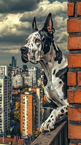 Majestic Great Dane on urban balcony, cityscape view. photo