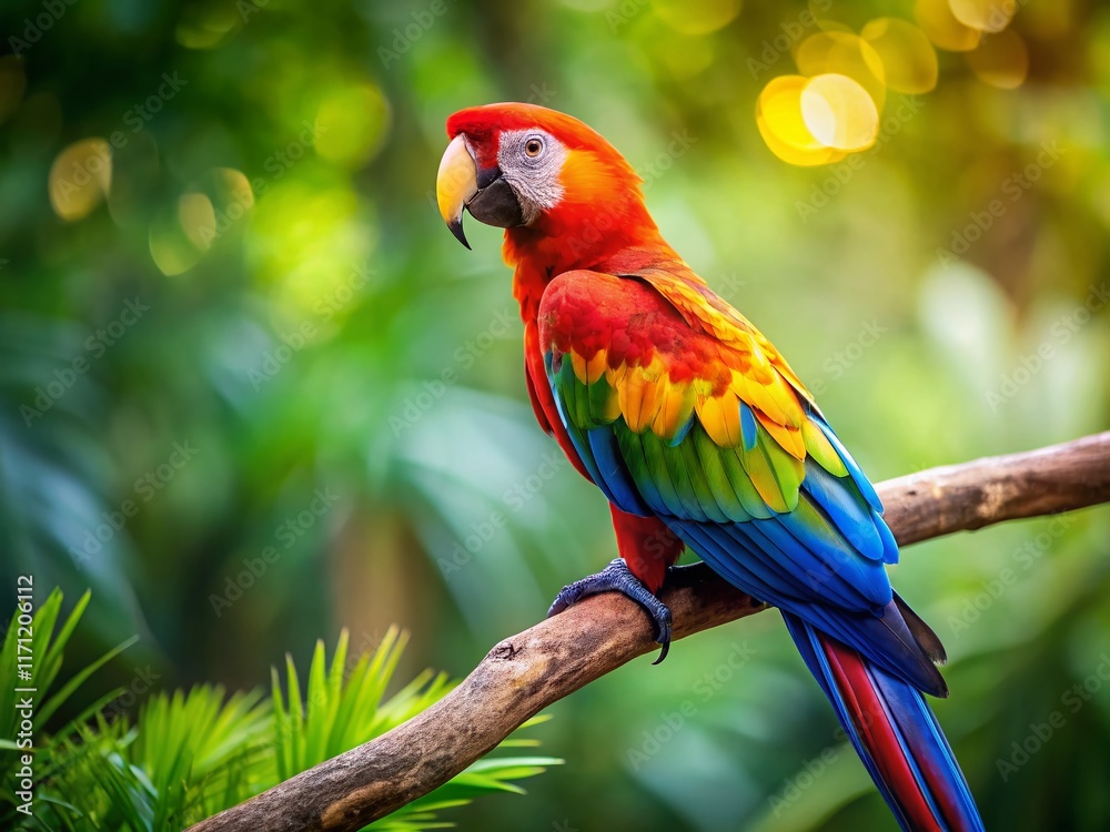 Obraz premium Vibrant Parrot Bird on Branch, Copy Space, Tropical Bird, Wildlife Photography