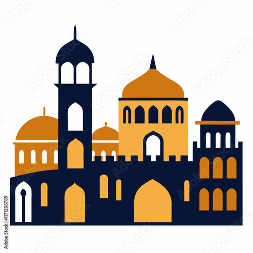 Persian Old Buildings Black Silhouette Vector on White Background