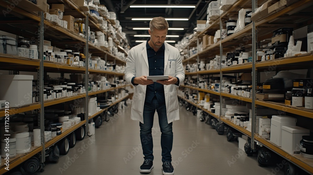 A man in a white coat checks a tablet while standing in a bright room filled with shelves of various medical supplies A man in a white coat checks a tablet while standing in a bright room filled with shelves of various medical supplies