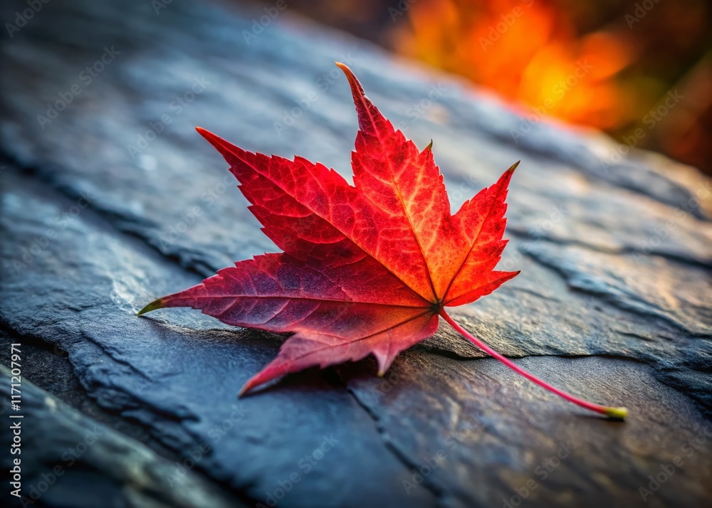 Vibrant Red Maple Leaf on Slate Stone - Autumn Nature Photography Vibrant Red Maple Leaf on Slate Stone - Autumn Nature Photography