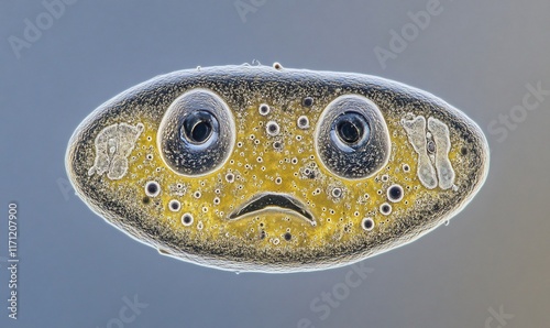 Microscopic organism with face-like features, magnified view