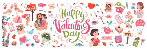 Romantic love Valentines day elements and stickers. Couple in love hugs. Holiday gifts, bouquet of flowers, chocolates, champagne. Box with diamond ring, heart with wings. Vector flat illustration.