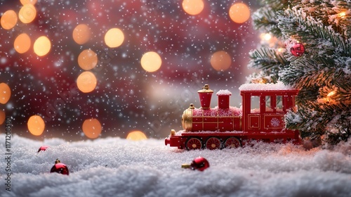Toy train going the Christmas tree	
