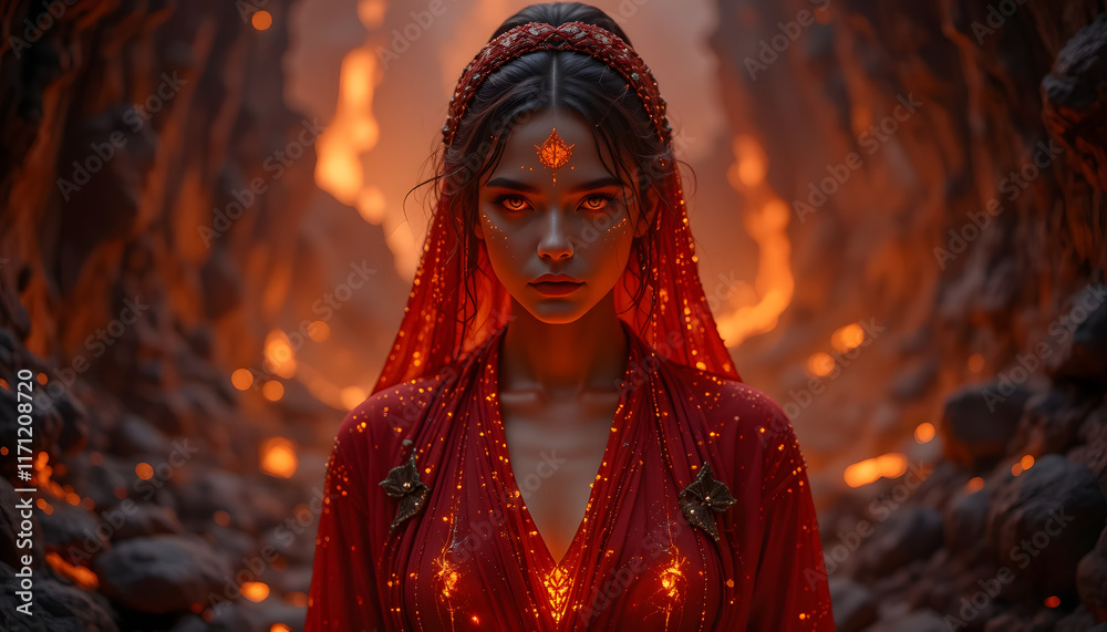Woman in red dress in fiery cave. Woman in red dress in fiery cave.