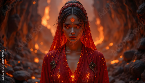 Woman in red dress in fiery cave. photo