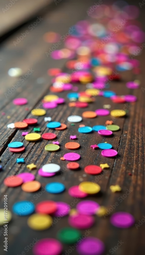 Fototapeta premium Vibrant colors and confetti scattered on a wooden table, party, balloons
