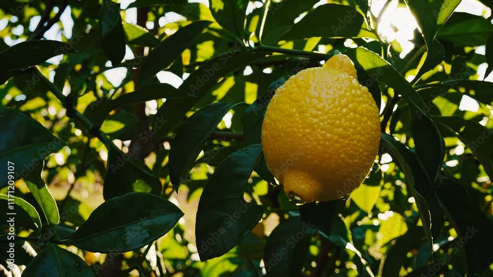 Golden Sicilian Lemons in Blooming Orchard Golden Sicilian Lemons in Blooming Orchard