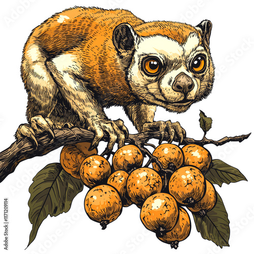 Expressive Lemur Perched on a Branch with Vibrant Orange Berries: A Captivating Wildlife Portrait photo