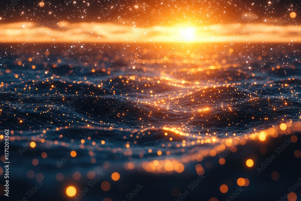 Naklejka premium Glimmering ocean waves at sunset with sparkling reflections