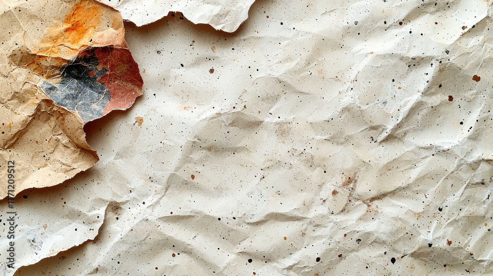 Crumpled textured paper with colorful fragments and speckles, creating artistic background. Perfect for eco friendly designs and creative projects Crumpled textured paper with colorful fragments and speckles, creating artistic background. Perfect for eco friendly designs and creative projects