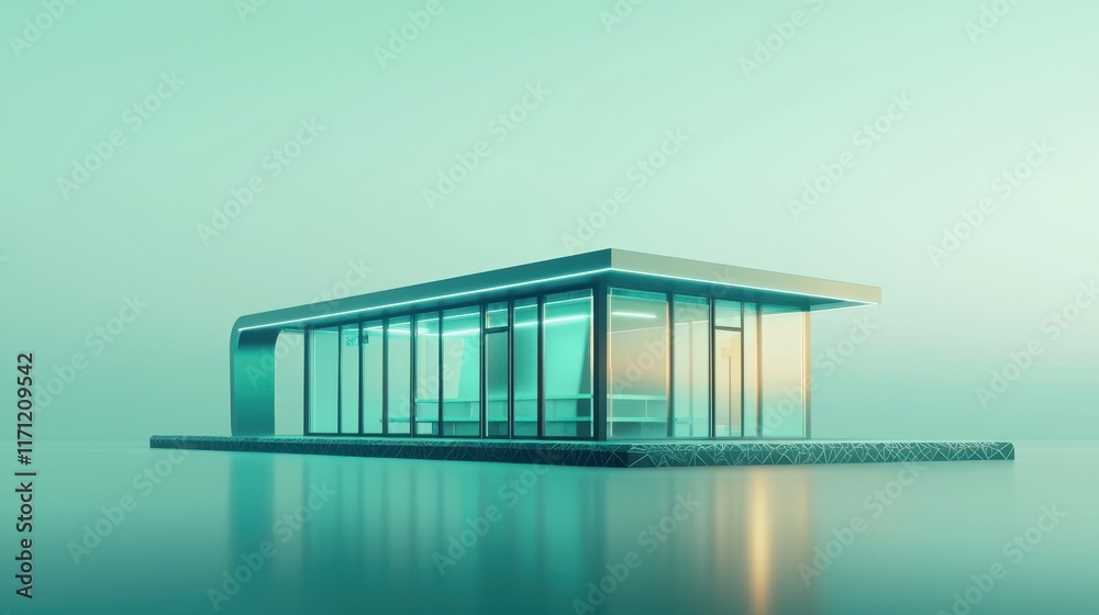 Fototapeta premium Modern Glass Pavilion Design Futuristic Architecture Teal Landscape