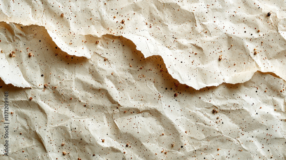 Crumpled textured paper with speckles, showcasing natural and eco friendly look. Ideal for backgrounds, crafts, or artistic projects Crumpled textured paper with speckles, showcasing natural and eco friendly look. Ideal for backgrounds, crafts, or artistic projects