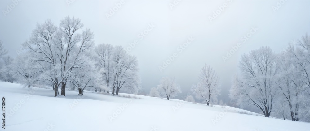Serene winter field surrounded by frost-covered tall trees Serene winter field surrounded by frost-covered tall trees