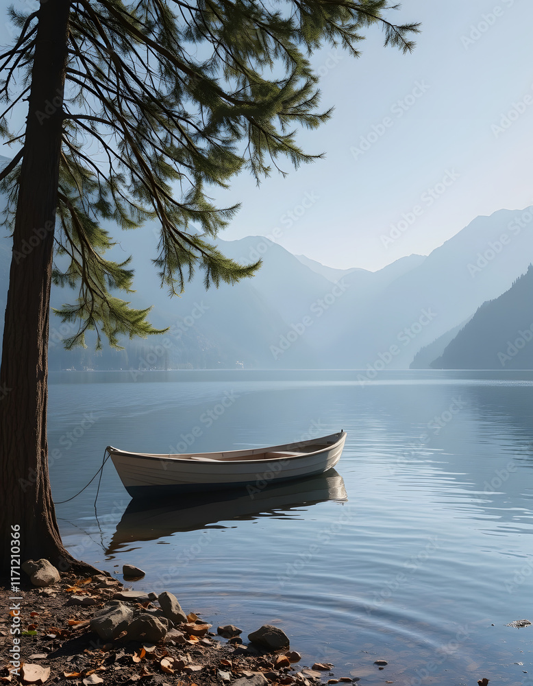 Classic Boat on the como lake, Backlit, with white tones Classic Boat on the como lake, Backlit, with white tones