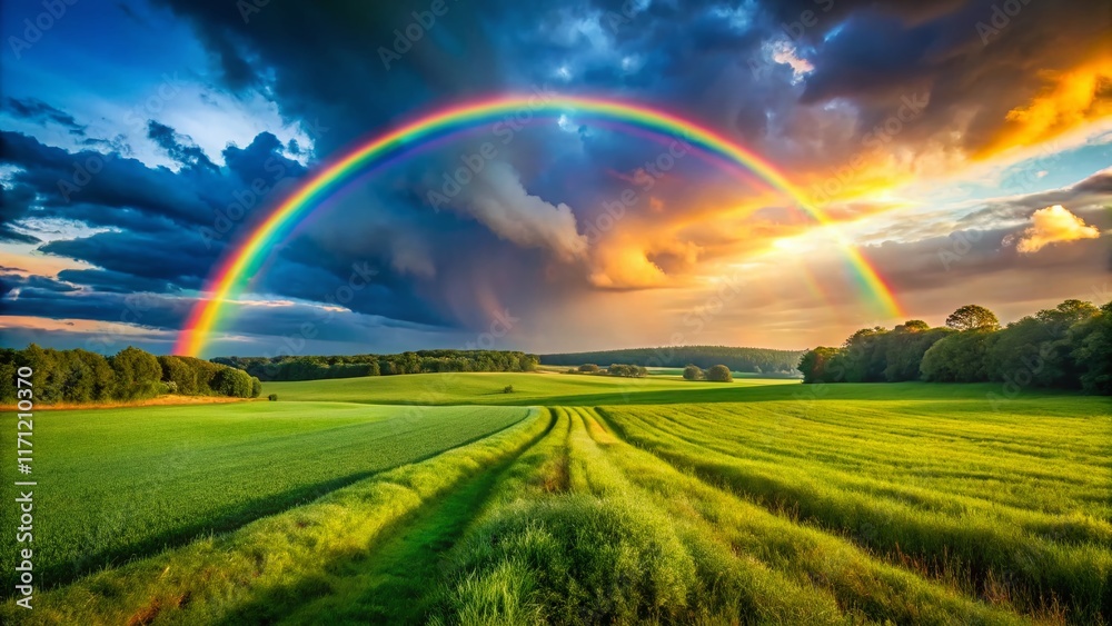 Vibrant Triada Rainbow Arch Over Lush Green Field - Candid Nature Photography Vibrant Triada Rainbow Arch Over Lush Green Field - Candid Nature Photography
