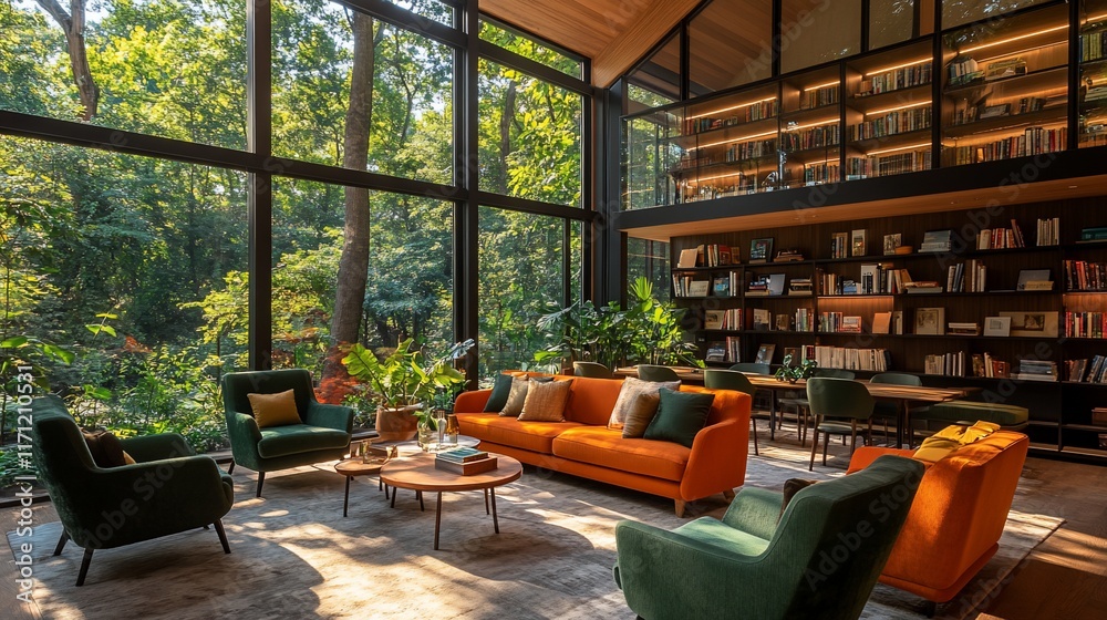 Naklejka premium Modern home library with forest view, ideal for relaxation or study