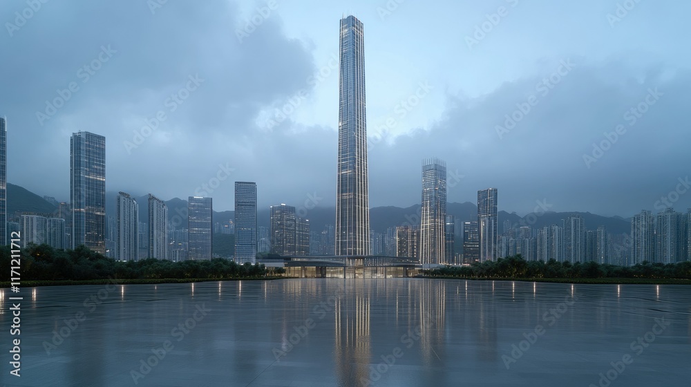 A stunning view of a modern city skyline featuring impressive skyscrapers and a deserted asphalt road beneath a clear blue sky A stunning view of a modern city skyline featuring impressive skyscrapers and a deserted asphalt road beneath a clear blue sky