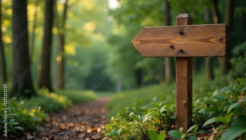 Wooden arrow sign post standing alone in a forest clearing , outdoors, road signpost Wooden arrow sign post standing alone in a forest clearing , outdoors, road signpost