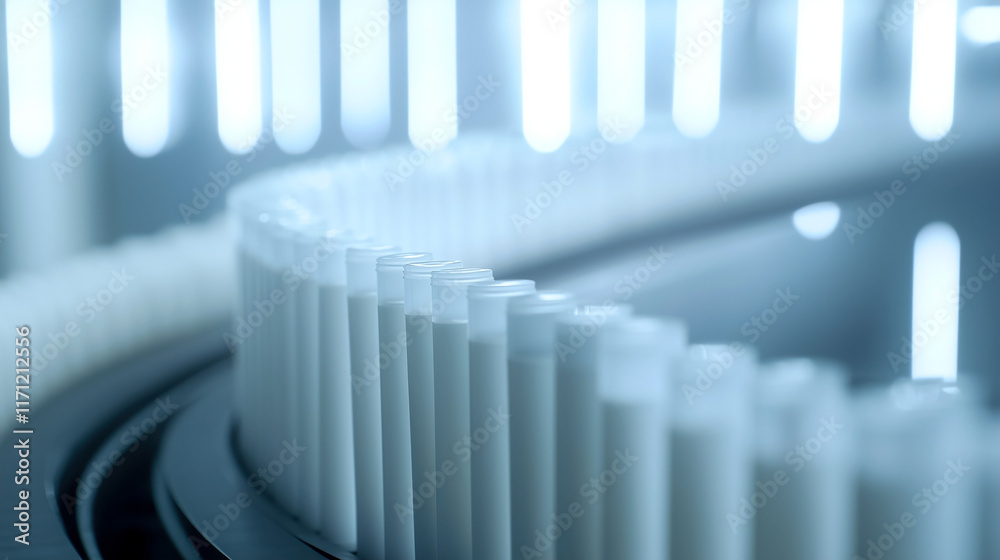 Pharmaceutical production line conveying test tubes in modern facility Pharmaceutical production line conveying test tubes in modern facility