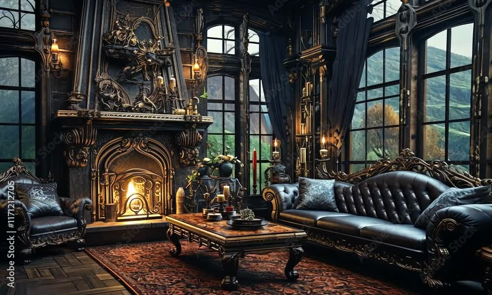 Victorian room with fireplace, windows, and cozy decor