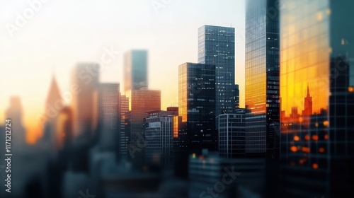 Breathtaking Cityscape at Sunset with Golden Light Casting Long Shadows Over Skyscrapers and Urban Landscape Creating a Stunning Evening Atmosphere