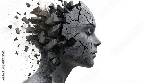 Representation Of Severe Medical Mental Trauma And Cognitive Illness Through A Shattered Human Head And Mind On A White Background.