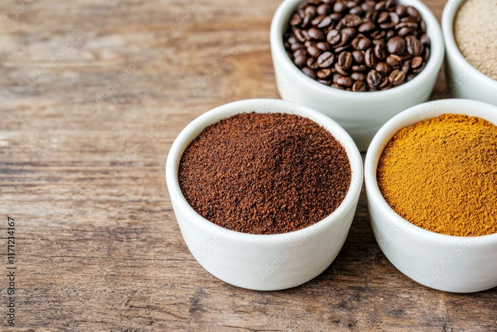 Coffee beans and ground coffee resting in bowls on wooden table Coffee beans and ground coffee resting in bowls on wooden table