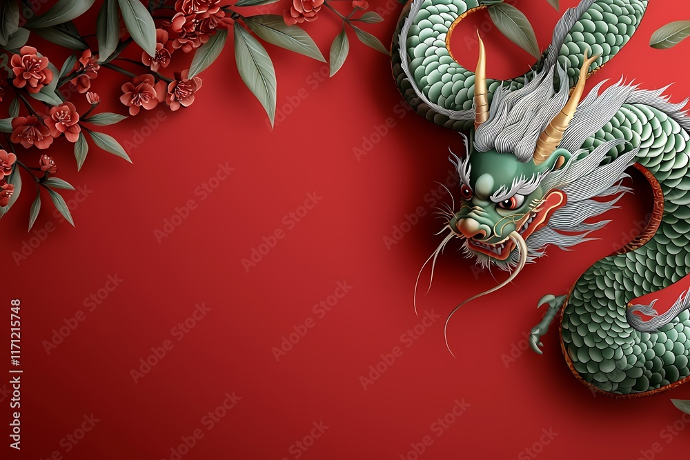 Naklejka premium Vibrant and Captivating of a Majestic Chinese Dragon in Traditional Style Featuring Ornate Patterns Intricate Scales and Symbolic Zodiac Elements