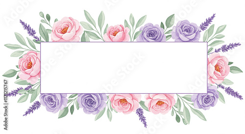 Pretty Pink Purple Roses Lavender Floral Frame Border