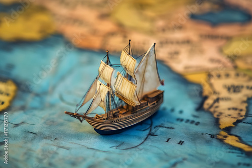 Model sailing ship placed on a detailed world map illustrating the vastness of ocean exploration and navigation in historical contexts, showcasing intricate craftsmanship and cartography photo