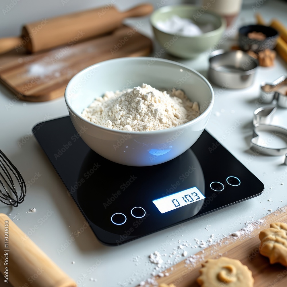 Digital Kitchen Scale. Modern digital kitchen scale displaying flour measurement with baking accessories and rolling pin in background.