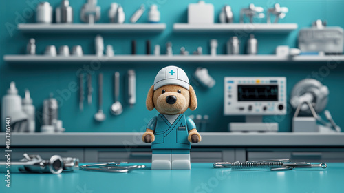 realistic 3D scene of nurse dog plush toy in operating room, surrounded by medical tools and equipment, creating playful yet professional atmosphere