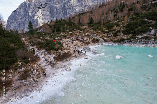 Lake Sorapis close to Cortina in dolomiti ampezzo italy photo