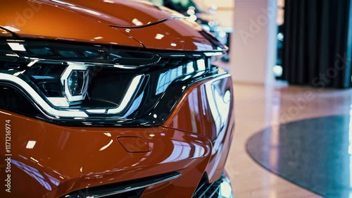 Orange sports car with futuristic headlights in a bright modern showroom photo