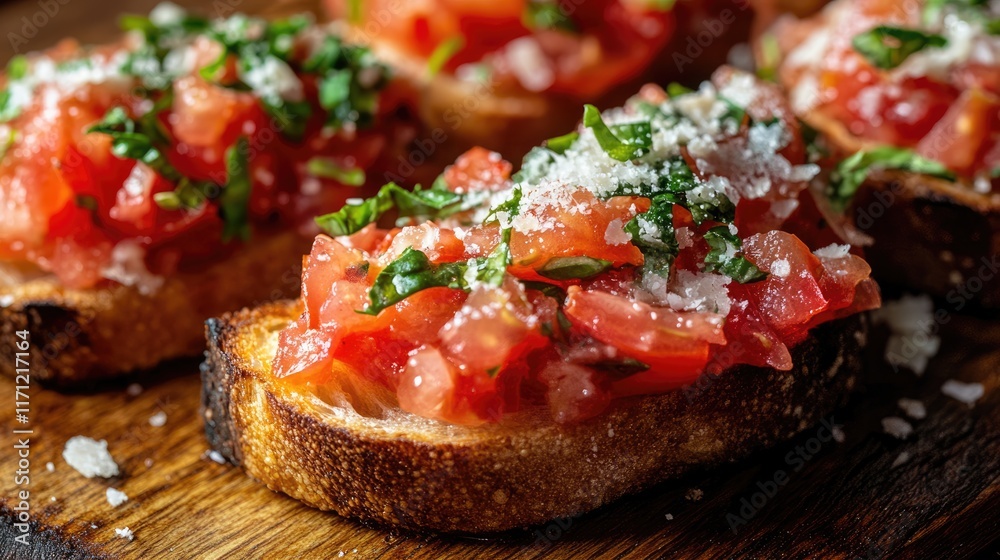 Close Up of Bruschetta with Tomatoes, Basil, and Parmesan Close Up of Bruschetta with Tomatoes, Basil, and Parmesan