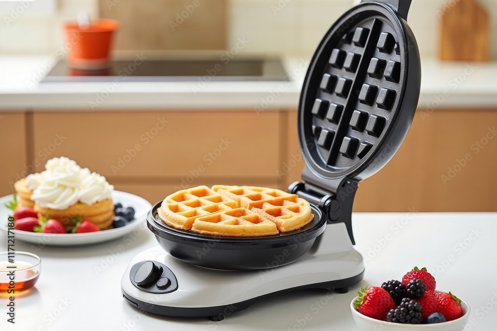 Waffle Maker Breakfast. Golden waffle in modern electric waffle maker with fresh berries and whipped cream on white counter.