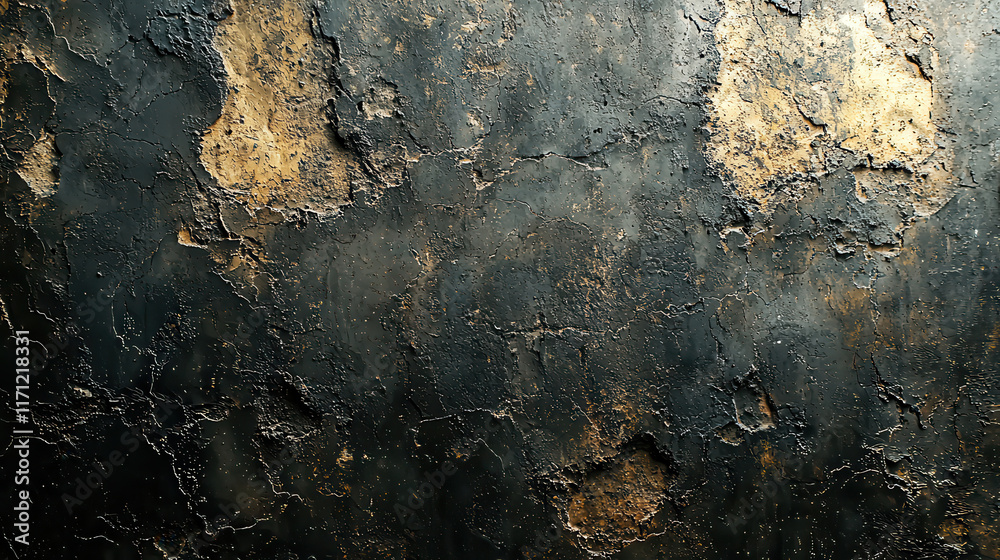 Obraz premium textured wall with vintage grunge appearance, featuring dark tones and patches of gold. surface shows signs of wear and age, creating unique and artistic backdrop
