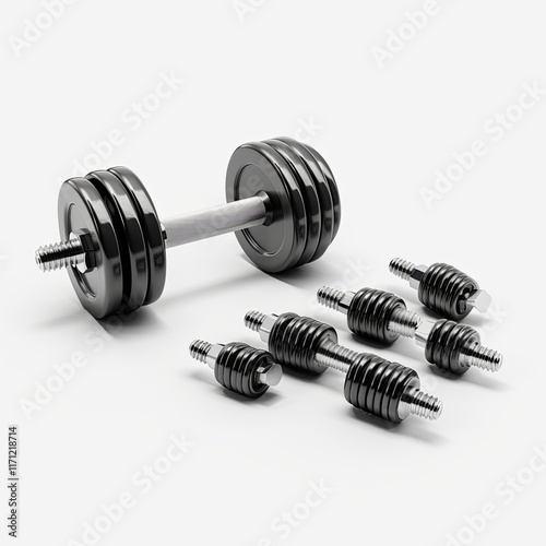 Wallpaper Mural The image displays a comprehensive set of black metal dumbbells, each varying in weight, isolated on a pristine white background. This setup is perfect for showcasing fitness training equipment. Torontodigital.ca
