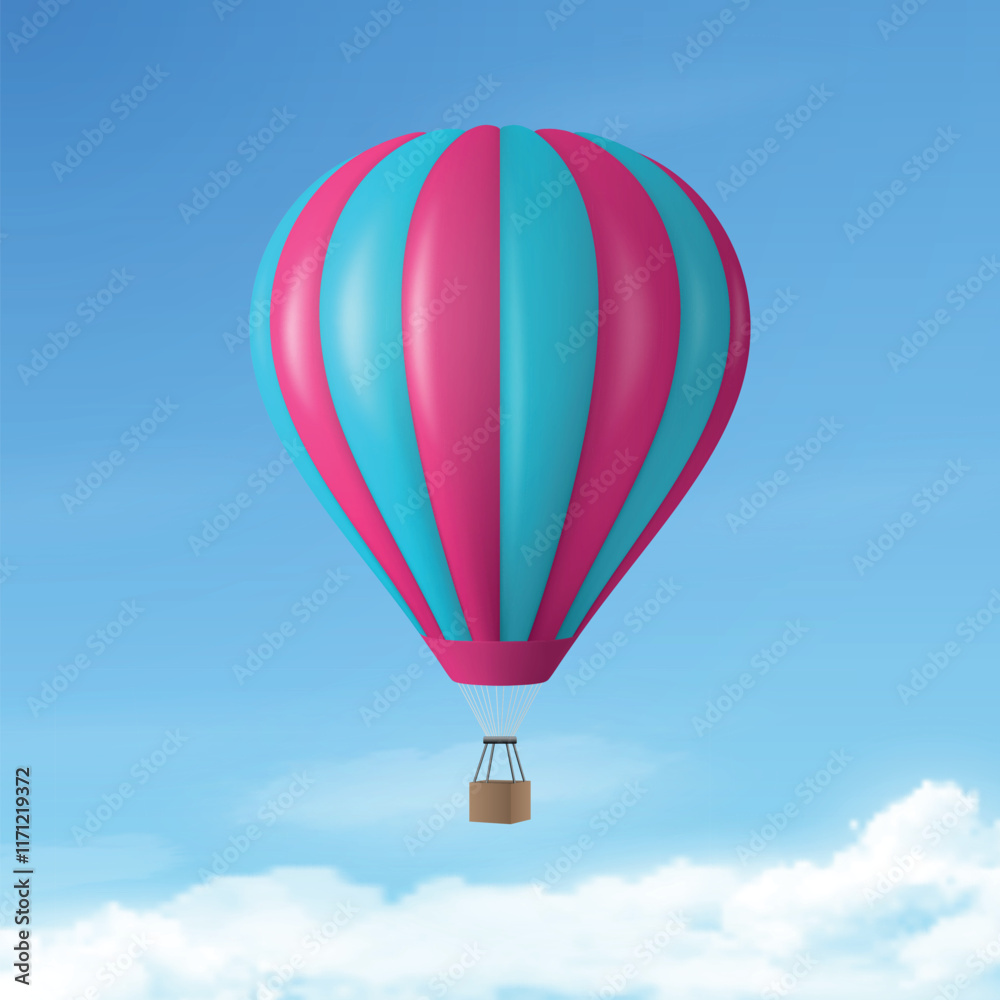 Obraz premium Vector Travel Banner with 3d Realistic Hot Air Balloon Icon on a Blue Sky Background. Design Template, Summer Vacation, Travelling, Tourism and Journey Concept