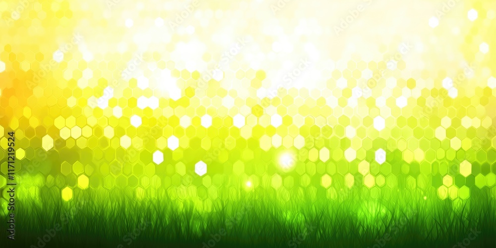 Obraz premium Abstract green bokeh with hexagonal patterns and grass foreground