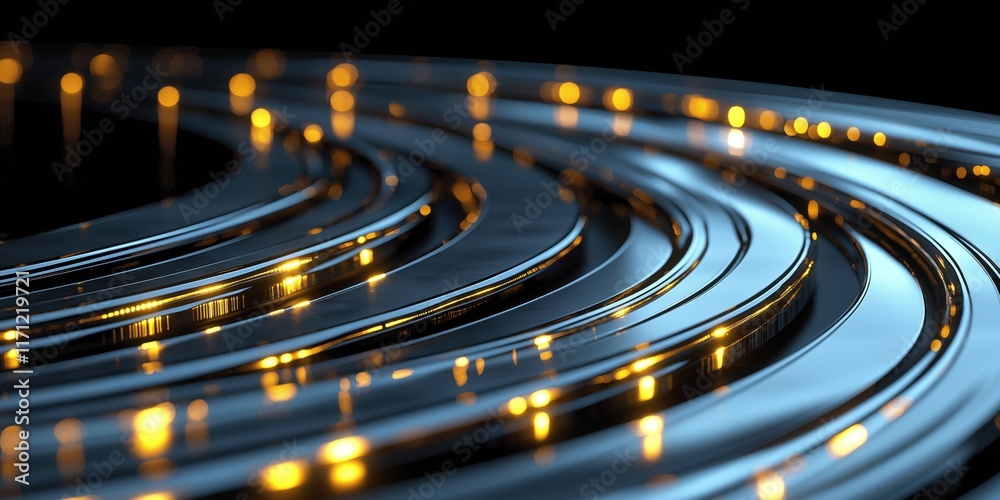 Fototapeta premium Abstract curved metallic lines illuminated by warm golden lights.