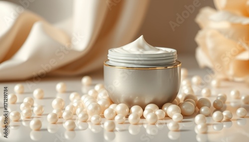 Pearl beauty cream. Elegant jar of face cream surrounded by pearls on a soft background with silk drape.