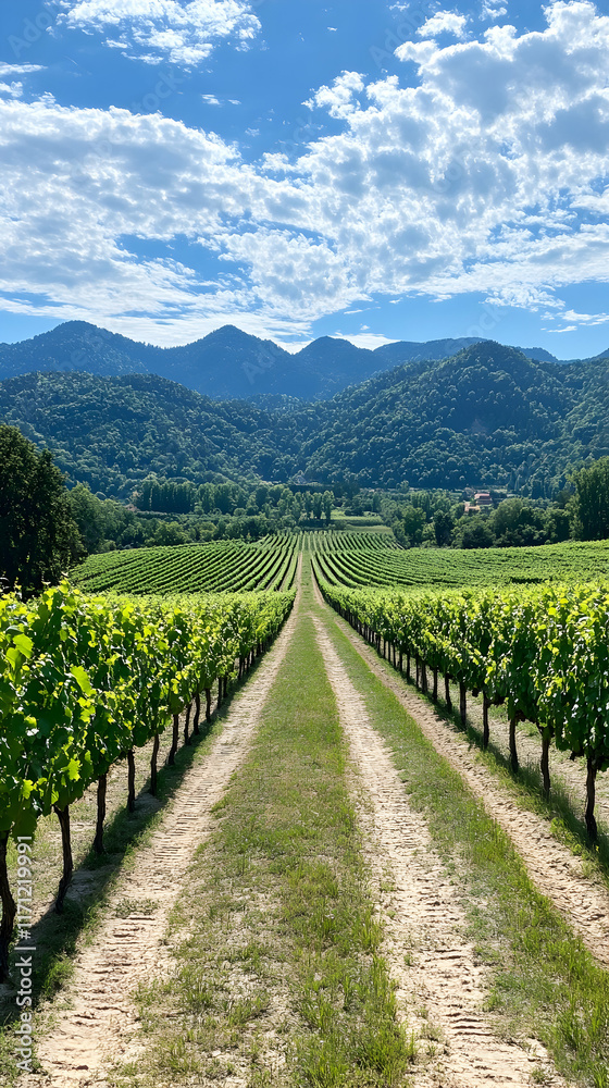 Fototapeta premium Italian Vineyard Rows, Mountain Landscape, Sunny Day, Winemaking.