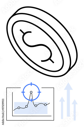 Dollar coin symbolizing economy, data graph with focus marking, and upward arrows. Ideal for finance, investment, growth, economy, statistics, strategy and business abstract line flat metaphor