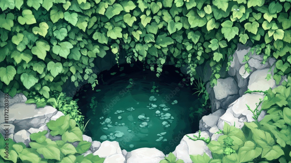 Lush greenery surrounds a tranquil hidden pool of water Lush greenery surrounds a tranquil hidden pool of water